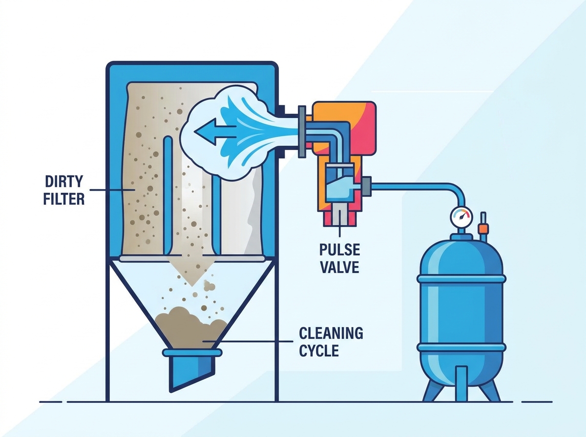 Industrial pulse valve installed on a dust collector header tank