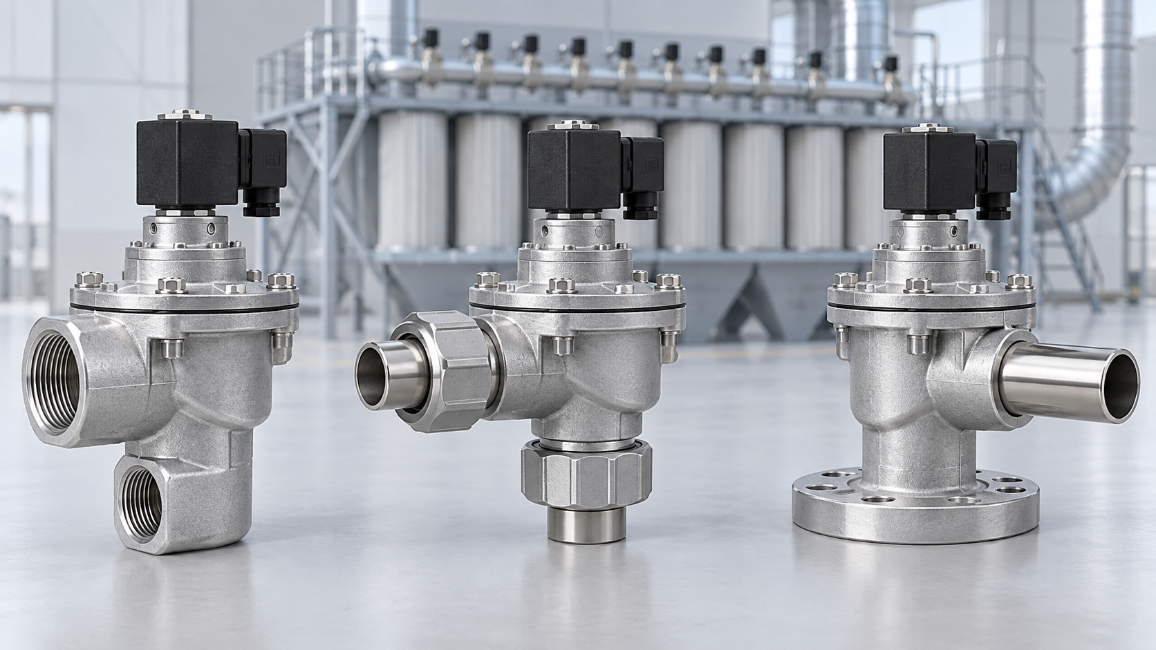 Right angle pulse jet valve configurations with threaded, compression and flange connections
