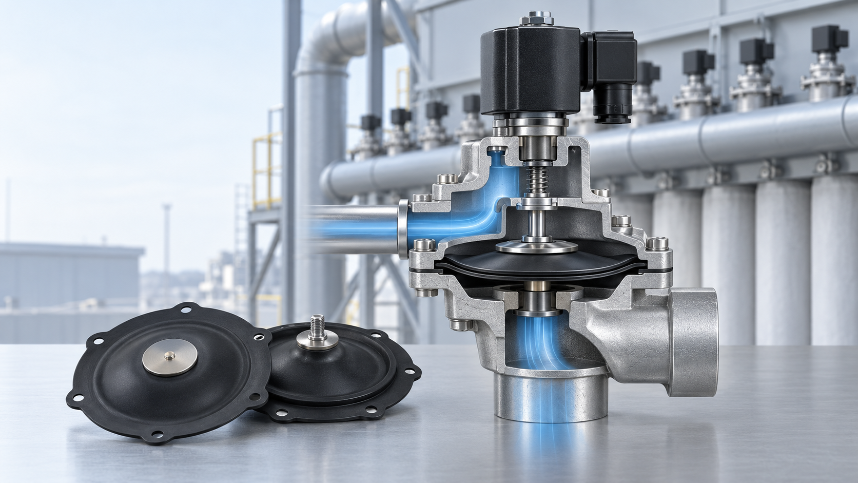 Pulse valve diaphragms and cutaway view of a diaphragm pulse valve